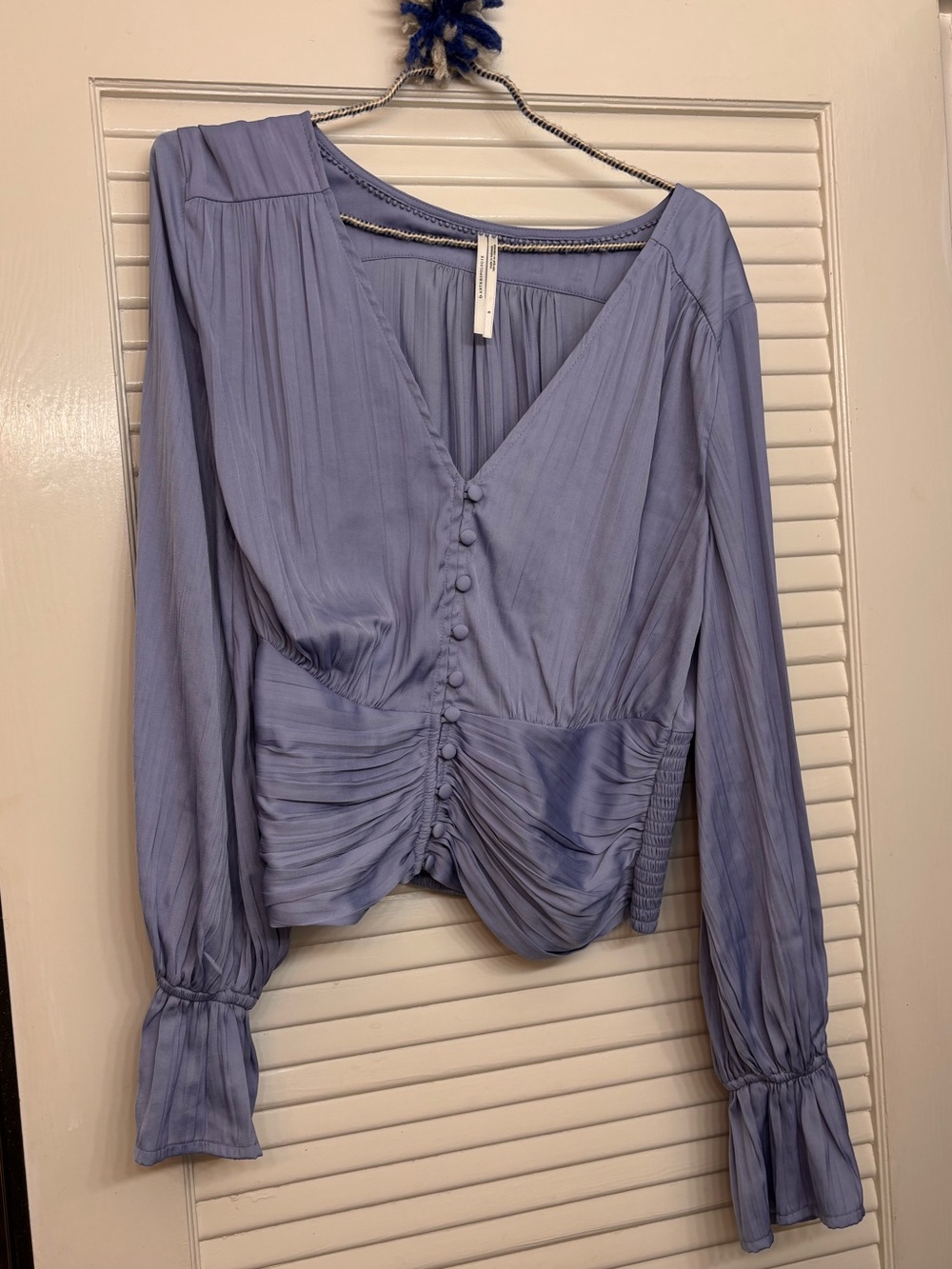 Anthropologie Ruched Blue Blouse Sz S Decorative Button Front Smocked Waist Top